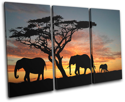 Elephants African Sunset Animals TREBLE CANVAS WALL ART Picture Print ...