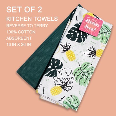 2-PK New Cotton Terry Kitchen Towels Green Tropical Monstera Leaf Pineapples