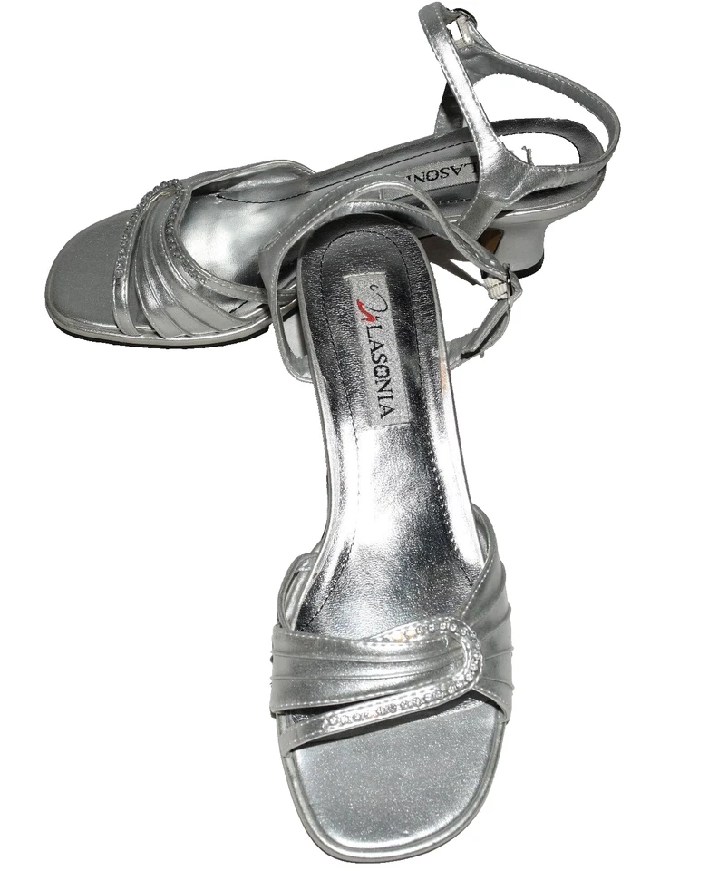 Lasonia Silver Metallic Rhinestone Ankle Strap Womens Sandal Heels Size 8.5 - Image 2 of 4