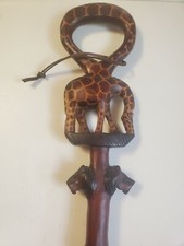 Wooden Hand Carved Walking Cane Stick Giraffe Handle 2 Lion Faces For Men Women