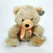 Vintage Brown Teddy Bear Plush Stuffed Animal Orange Bow Heartwarmers 11"