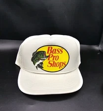 Vintage Bass Pro Shop Flocked Plain Logo Trucker SnapBack Hat White Ivory Mesh