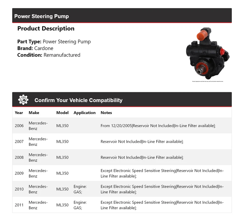 Bomba de dirección asistida Cardone 2007 2008 2009 para Mercedes-Benz ML350 2006-2011 Foto 2 de 4