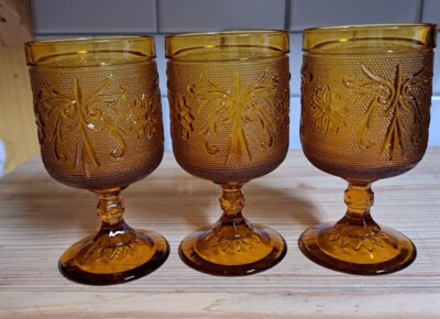 Three Tiara Indiana Amber Sandwich Wine Glasses Boho Amber Glass Drinkware