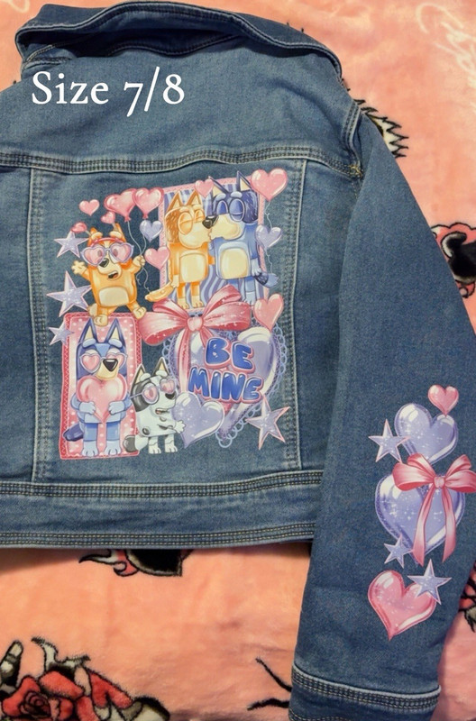 Girls Bluey Blue Denim Jacket Graphic Print Button Long Sleeve Short Size 7/8