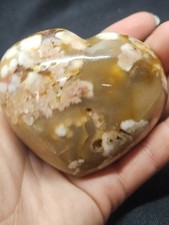 Natural Flower Agate Heart Polished Stone - Cherry Blossom Agate Palm Stone