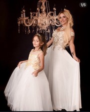 Luxury Boutique White & Gold Embroidered Long Dress Size Small Elegant 