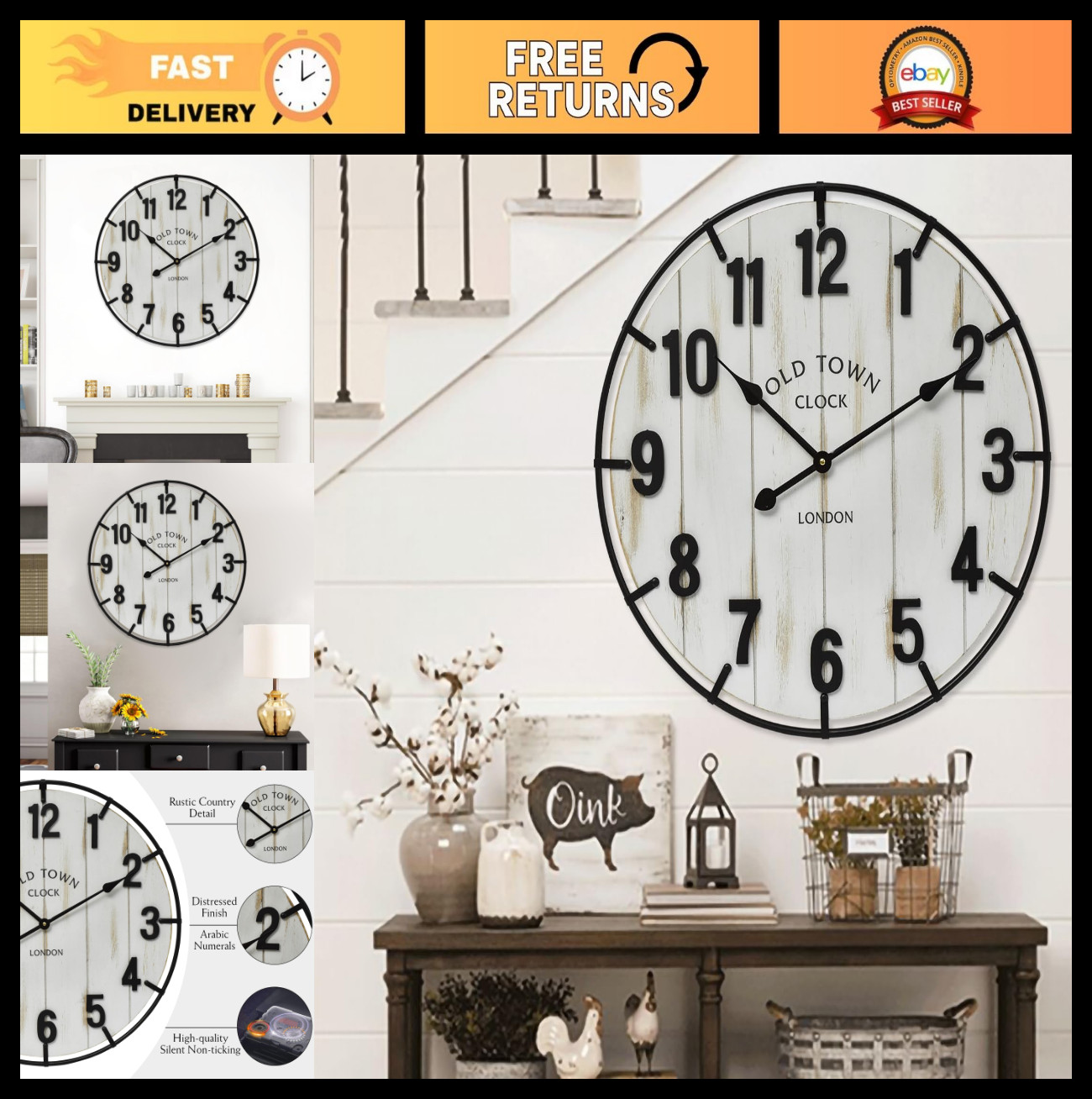 Rustic 24" Farmhouse Wall Clock - Antique Wood & Metal, Silent Battery Operated
