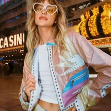 NASTY GAL Lamb Leather Studded Jacket Size 2 Pastel Cropped Festival Wings New