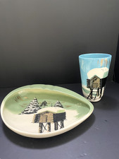 Vintage Matthew Adams Alaska Pottery Ashtray Vase Set Log Cabin Signed