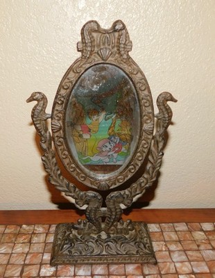 VTG VANITY TABLE TOP CAST IRON MIRROR SWIVEL SEAHORSE SHELL SEA TILTING OVAL 11''
