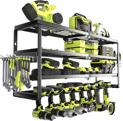 4 Layer Power Tool Organizer Wall Mount, Battery Tools Holder with Charging Stat