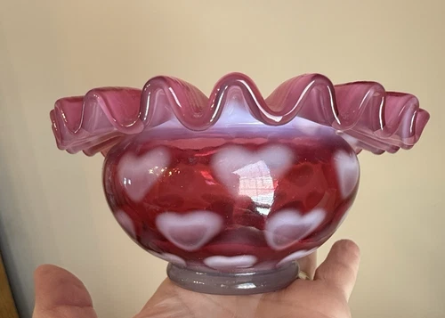 VTG Fenton Cranberry Opalescent White Hearts Ruffled Fairy Lamp Base Rare