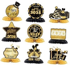 New Year Decorations 2025, 9Pcs Happy New Year Honeycomb Centerpieces, Black