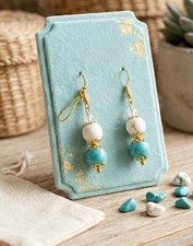 Handcrafted Artisan Turquoise Howlite Beaded Dangle Earrings Gold White Accents