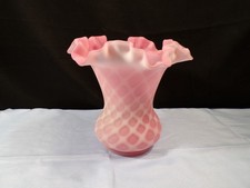 Fenton Satin Cranberry Opalescent Glass Diamond Optic Ruffled Vase 6 1/8" INV2