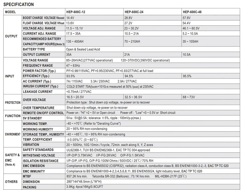 MEAN WELL HEP-600C-48 Cargador de Batería Li-ion LFp Fuente de Alimentación Plomo Ácido, 600W Foto 4 de 4