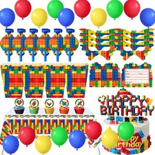 Building Blocks Colorful Party Decorations Tableware Set Gift Cards Cake Topper