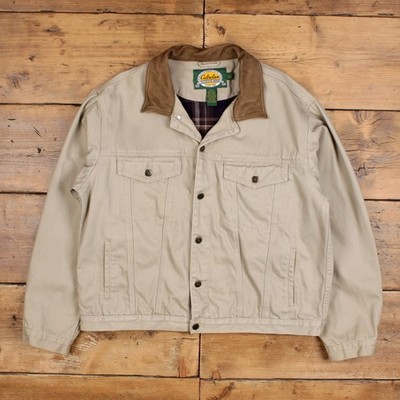 Vintage Cabelas Trucker Jacke L Herren beige Canvas kariert gefüttert Chore Workwear