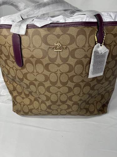 Coach Authentic City Tote In Signature Canvas Purse Khaki & Boysenberry NEW - Picture 4 of 22
