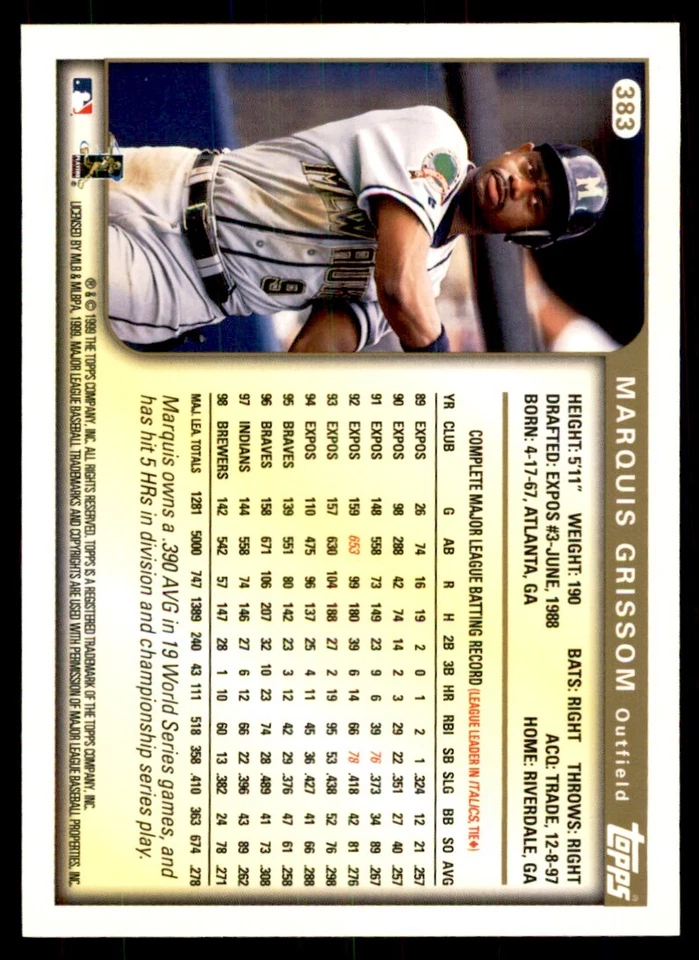 1999 Topps Marquis Grissom B Baseball  Cards #383 - Image 2 of 2