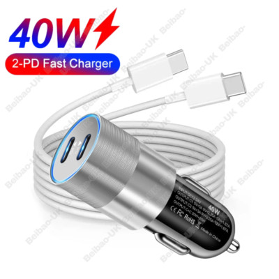 40W Car Charger Dual Type C Fast Adapter PD Cable For iPhone 15 Pro Max Samsung