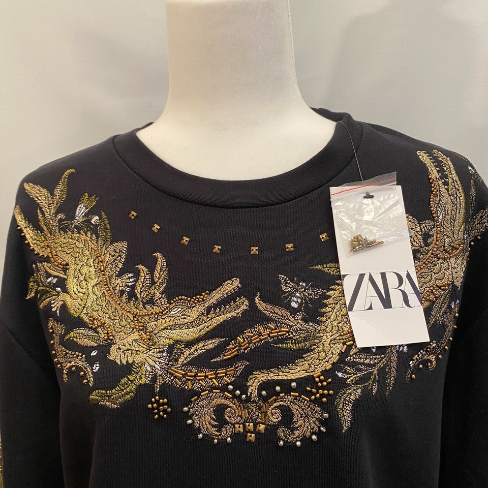 Zara Women's Sweatshirt Black Embroidered Gold Dragon Size S | eBay