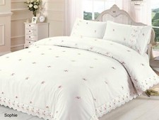 Duvet Quilt Cover Set Floral Bedding Bed Set Lace Trim Embroidered White Pink