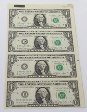 1981 Bank of Cleveland OH Uncut Sheet of 4 One Dollar $1 Notes DH Serial (J)