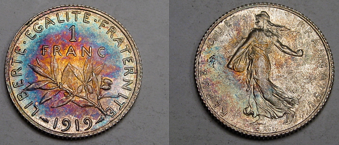 Gorgeous Rainbow BU 1919 Silver 1 FRANC of France. #13 | eBay