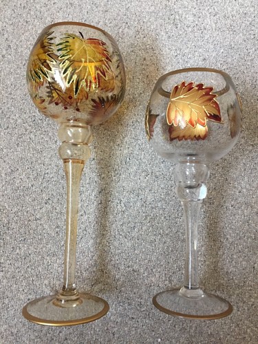 PAIR OF Autumn Leaf Goblet Water Goblets Tall Colorful Fall Pattern - Picture 2 of 4
