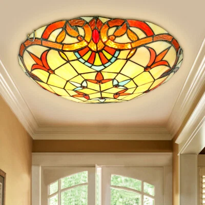 KONKENIE 12" Tiffany Style Fixture Decor Lamp Stained Glass Shade Flush Mount Ceiling