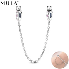 MULA 925 Sterling Silver Cat Love Safety Chain DIY Charm CZ For Women Bracelet