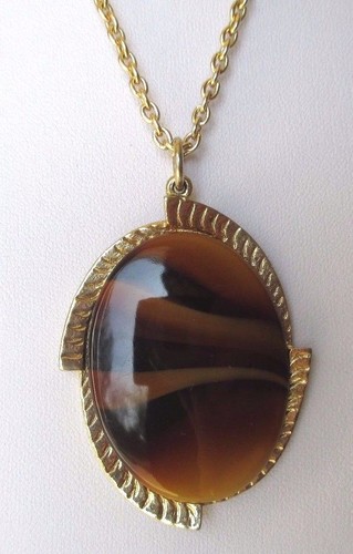 Pendentif Vintage Camée œil De Tigre - Couleur Or, Signé 3433 - Occasion état Impeccable