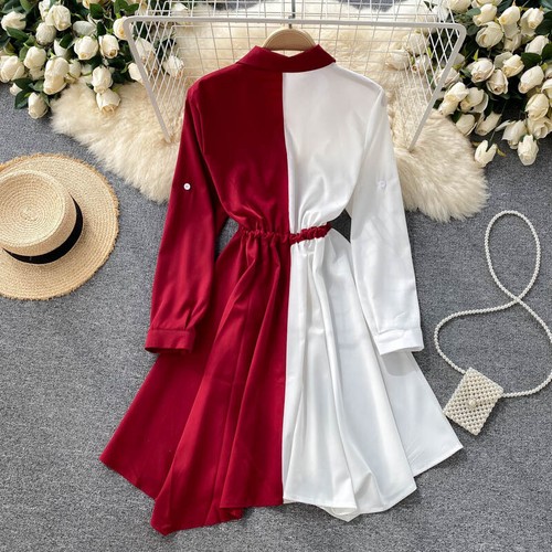 Lady Asymmetrical Patchwork Shirt Dress Two-toned Drawstring Waist Summer Dress - Picture 9 of 21