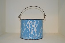 Early Antique Blue Marble Graniteware Berry Pail Wire Handle