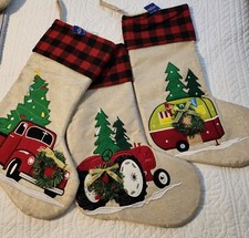 Set of 3 Farmhouse Christmas Stockings Burlap Buffalo Check Plaid NEW 