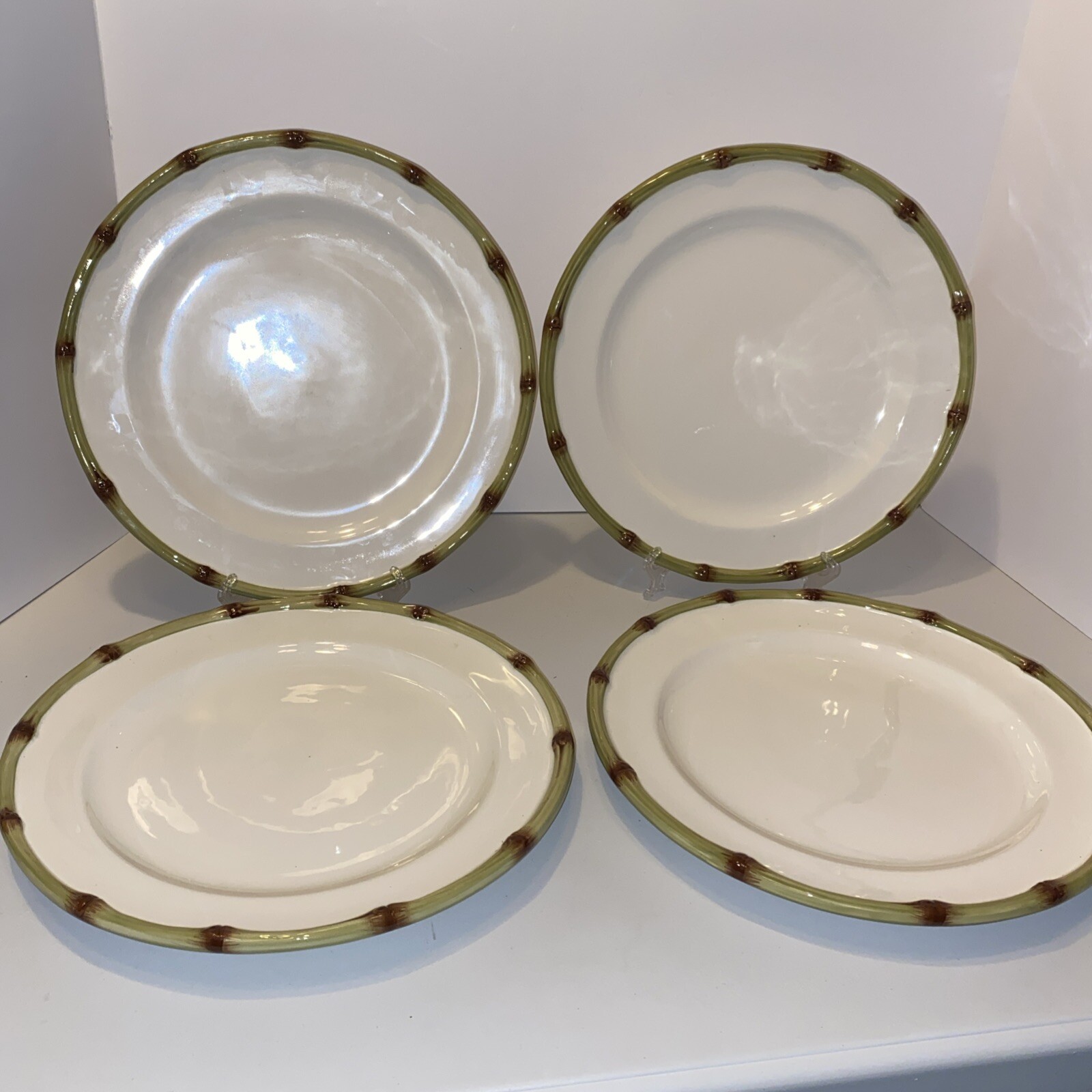 Williams Sonoma 4-Piece Ceramic Dinner Plates in Bamboo Design with Green and Brown Hues