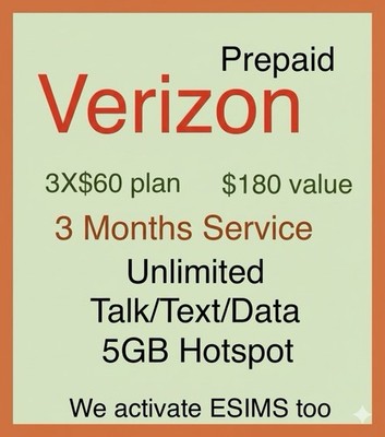 VERIZON SIM   3 MONTHS SERVICE   UNLIMITED DATA & TALK & TEXT   $180 VALUE!