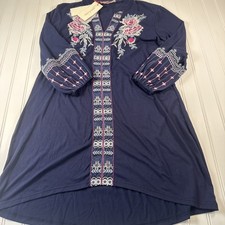 Solitaire Women’s Small Navy Floral Embroidered Boho Bell Sleeve Dress Tunic NWT