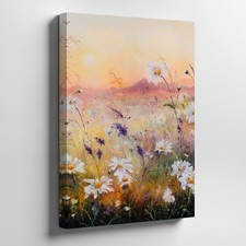 Daisy Flowers Field Landscape Canvas Wall Art Print Sunset Meadow Decoration