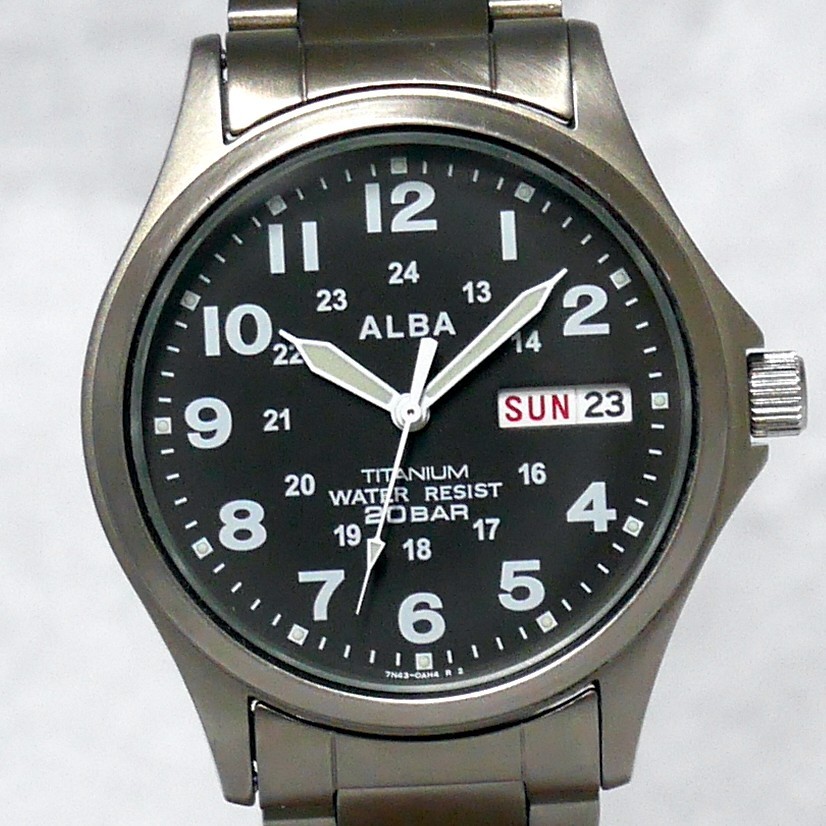 SEIKO ALBA Military Field Watch 7N43 2005 Black Titanium Luminous Day-Date Japan