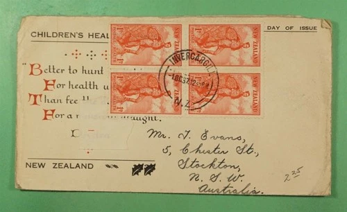 DR WHO 1937 NEW ZEALAND FDC HEALTH STAMP BLOCK INVERCARGILL R47952