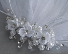 First Communion 24" Comb Veil with Faux Pearls Organza Flowers and Rhinestones