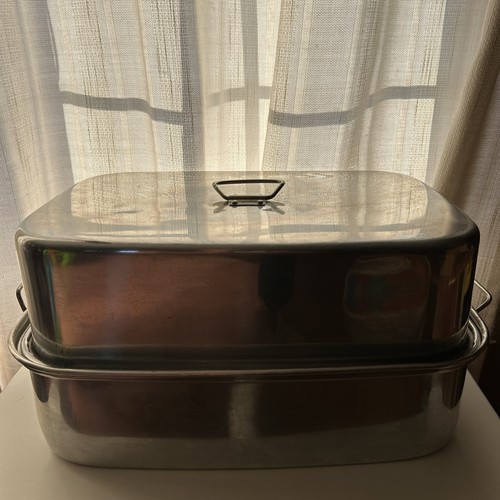Vintage Mirro Masterbilt bedeckt Aluminium Bräter M-7496 mit Box & Gestell Türkei - Bild 7 von 10