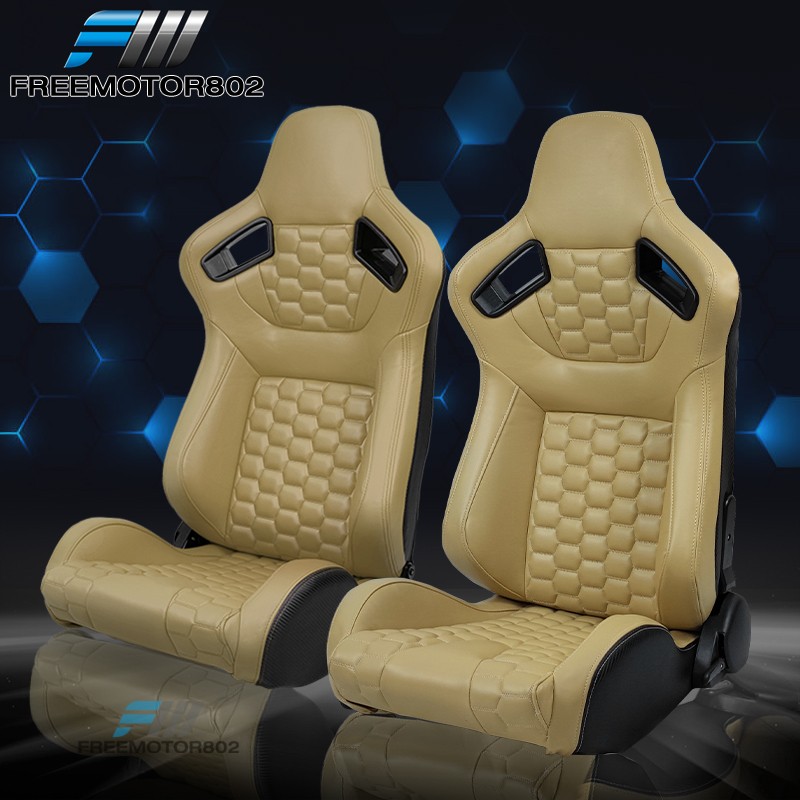 Adjustable Universal Racing Seat Honeycomb Beige PU Leather & Dual Slider x2