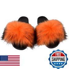 QMFUR Women's Vegan Faux Fur Slippers Fuzzy Slides Orange Size 7