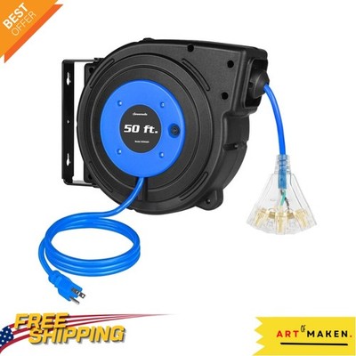 Versatile 50 FT Extension Cord Reel with Retractable Design and Grounded Outlets