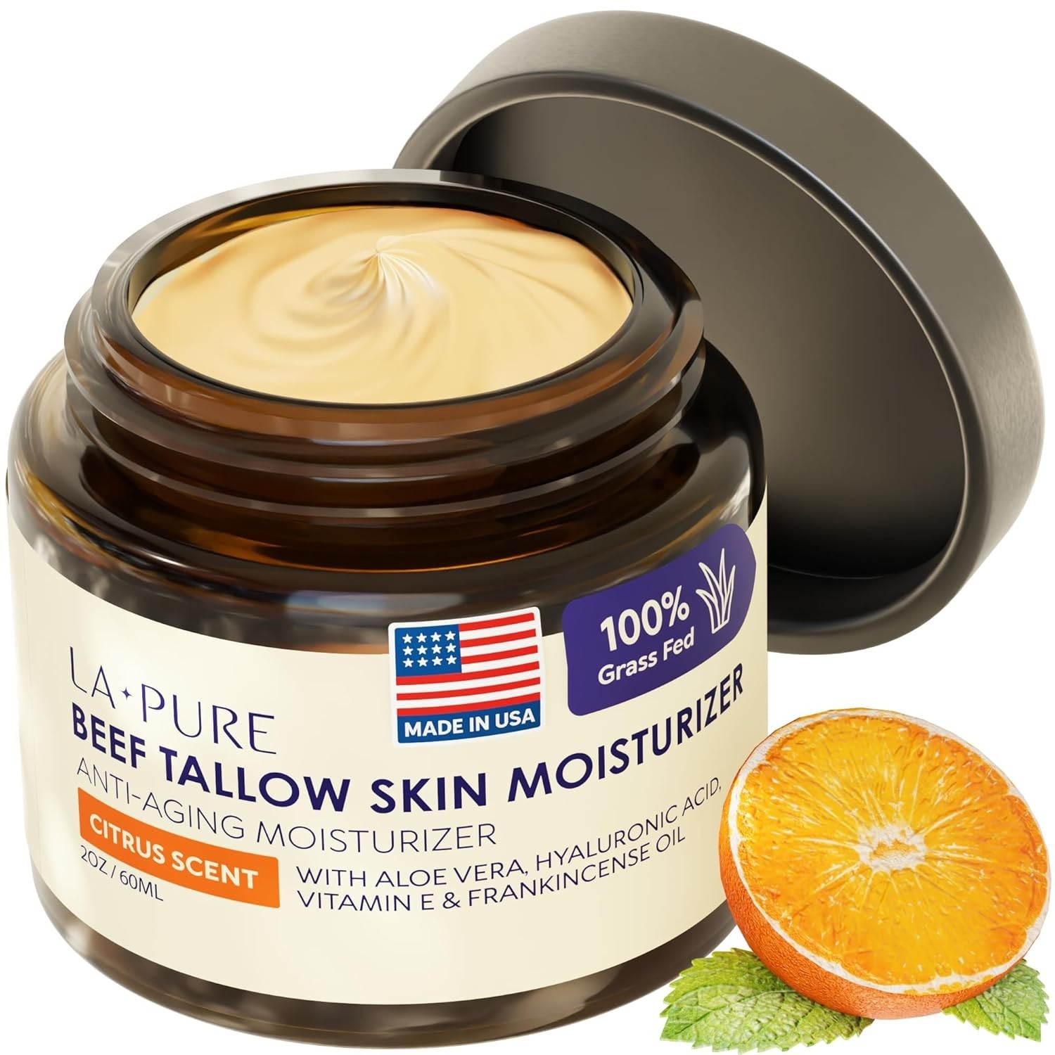 LA Pure Beef Tallow Face Cream Moisturizer Grass-Fed Hyaluronic Acid Aloe Vera
