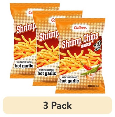 (3 pack) Calbee Shrimp Chips Baked Hot Garlic Flavored Shrimp Chips 3.3oz Bag